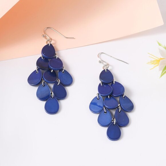 Blue Sea Shell Tear Drop Earrings on French Wire for Women - Summer Beach Jewelr - Picture 5 of 6